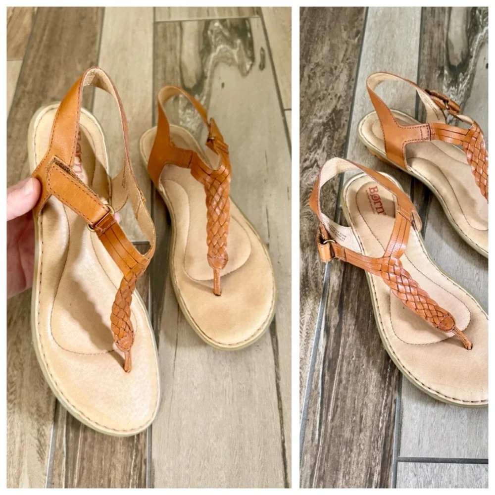 Born Tan Braided Leather T-Strap Sandals
